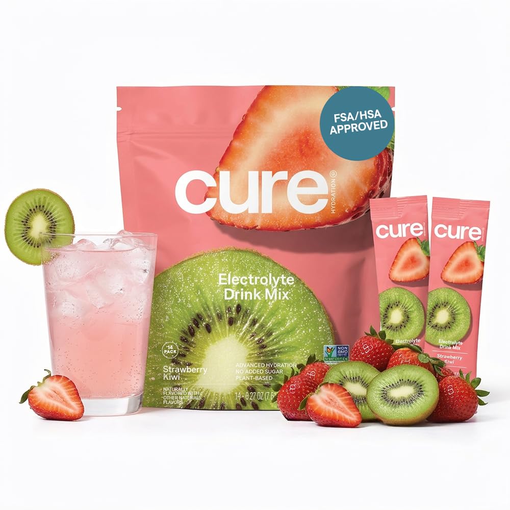 Cure Hydration | 식물 기반 전해질 음료 믹스 | 추가 설탕 | FSA-HSA | 코코넛 워터로 만든 탈수 릴리프 파우더 | 비 GMO | Vegan | 파우치 14 Packets - Strawberry Kiwi