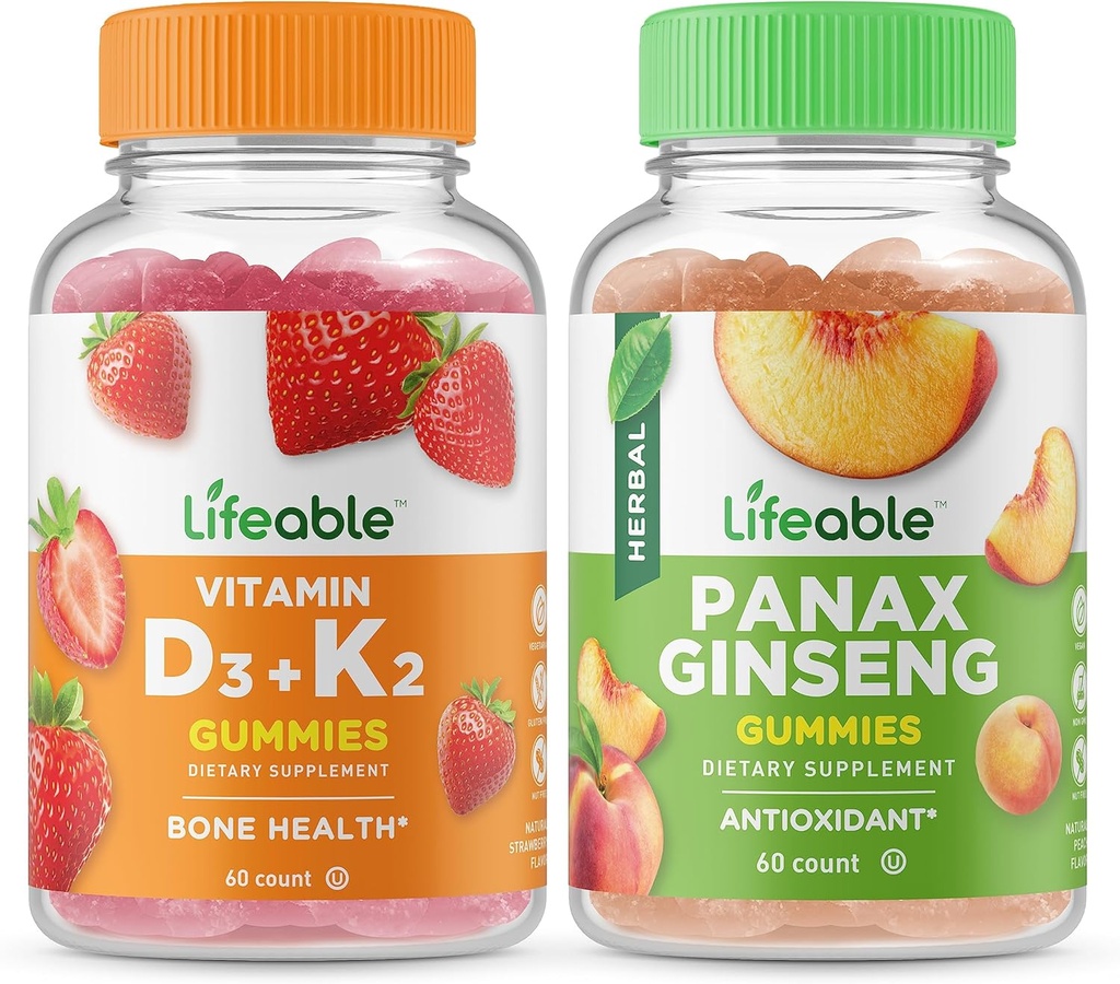 Lifeable 비타민 D3 + 비타민 K2 + Panax 인삼, Gummies 번들 - 훌륭한 타스팅, 비타민 보충, 글루텐 무료, GMO 무료, Chewable 거미