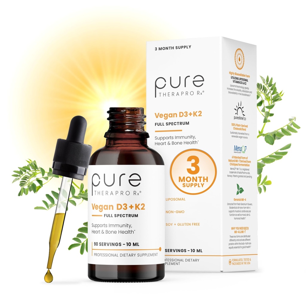 Pure Therapro Rx Vegan D3 + K2 Organic 100 % Liposomal 10ml Made in USA | 3 개월 공급 | 최대 흡수 비타민 D3 및 비타민 K2 보충제 남성 및 여성, D3 비타민 5000 IU