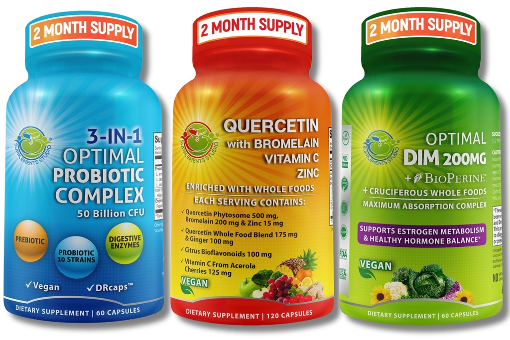 Vegan Hormonal, Immune & Gut 건강 지원 번들 – Bromelain, 아연 및 비타민 C + DIM 200mg BioPerine® + 3-in-1 Probiotic 50 Billion CFU Digestive Enzymes & Prebiotic