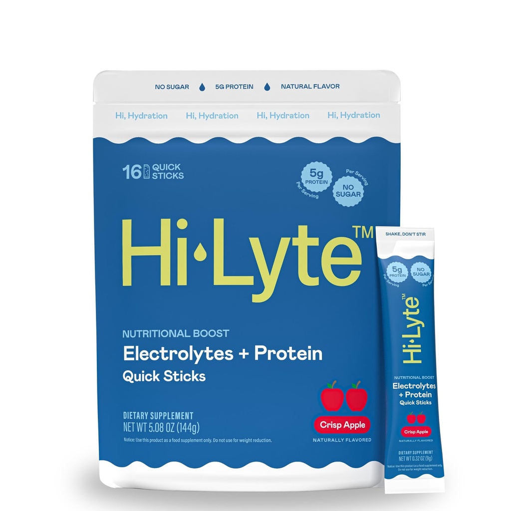 Hi-Lyte Electrolytes + Protein Quick Sticks Crisp Apple, 16 서빙 - 나트륨, 칼륨, Whey Protein - Keto Friendly - 5g Protein, 설탕 없음