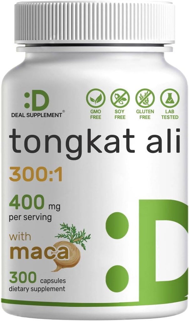 DEAL SUPPLEMENT Tongkat Ali Extract 300 : 1 400mg 및 Maca Root 400mg | 300 캡슐, Ultra Strength Longjack (Eurycoma Longifolia) + 페루 Maca - 비 GMO, 남자 건강, 성능을위한 초본 보충