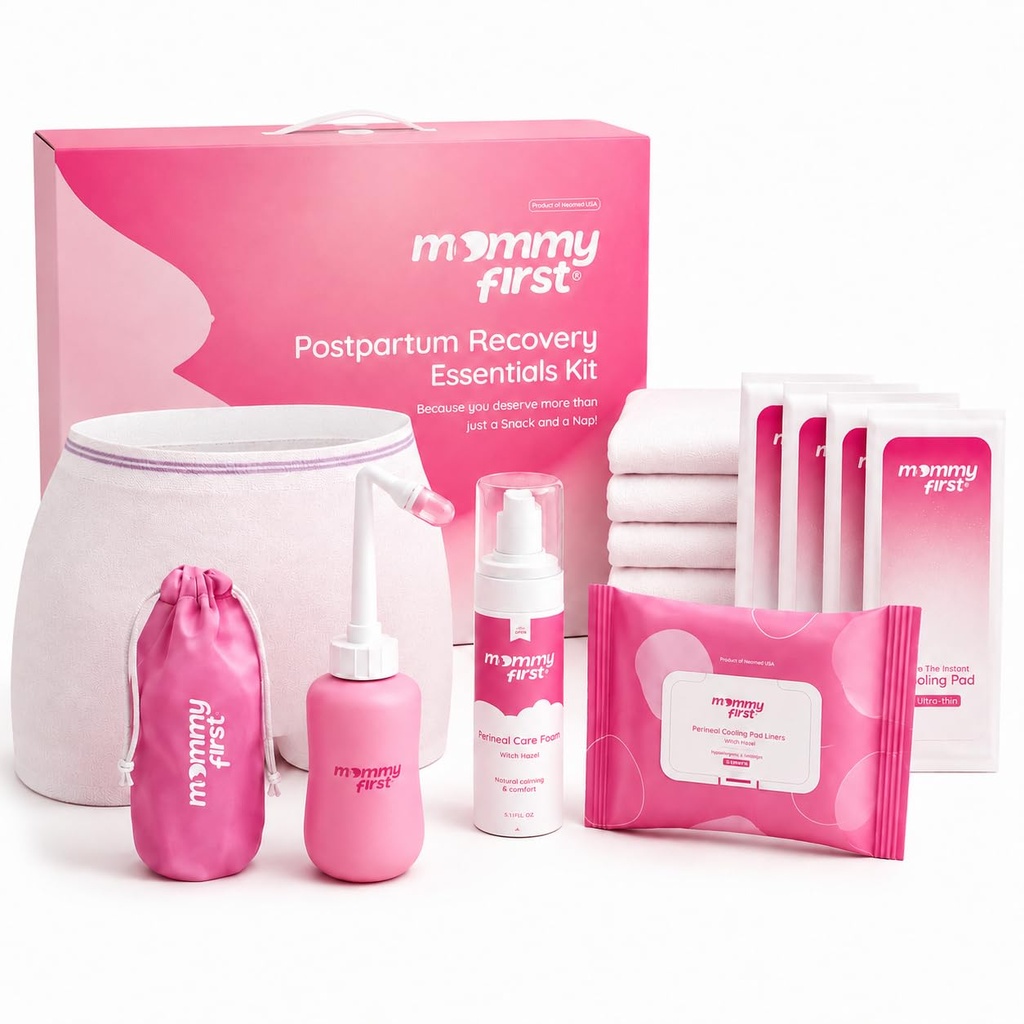 Mommy First® Postpartum Essentials Recovery Kit – Next-Gen Perineal Ice Pack, Witch Hazel Healing Foam, Witch Hazel Liners, Upside Down Peri Bottle & Postpartum Underwear for Postpartum Recovery