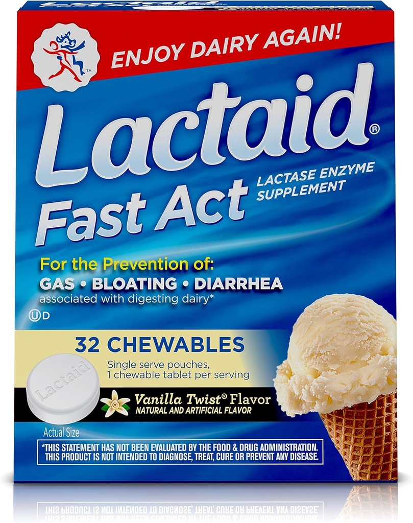 Lactaid 빠른 행위 Lactose Intolerance Chewables Lactase 효소, 바닐라 강선전도, 1ct의 32 Pks.