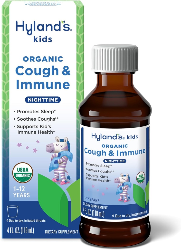 Hyland의 Kids Nighttime Organic Cough Syrup and Immune Support with Agave, Elderberry 및 Pomegranate, Soothes Cough 및 Immunity 지원, 4 Fl. Oz.