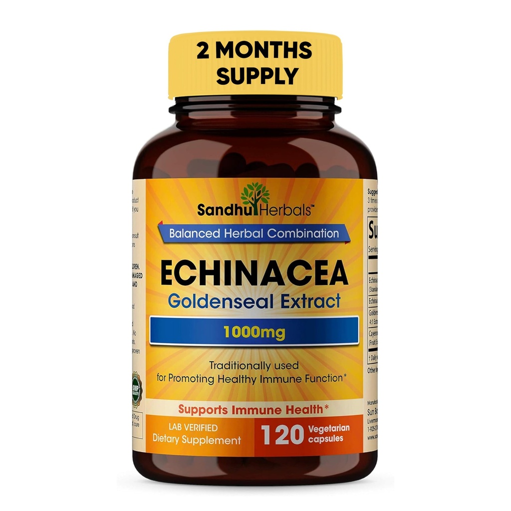 SANDHUHERBALS Sandhu 초본 Echinacea 황금 1000 Mg 120의 캡슐 | 면역 체계 지원 호흡 응답 Inflammatory 응답 보충교재