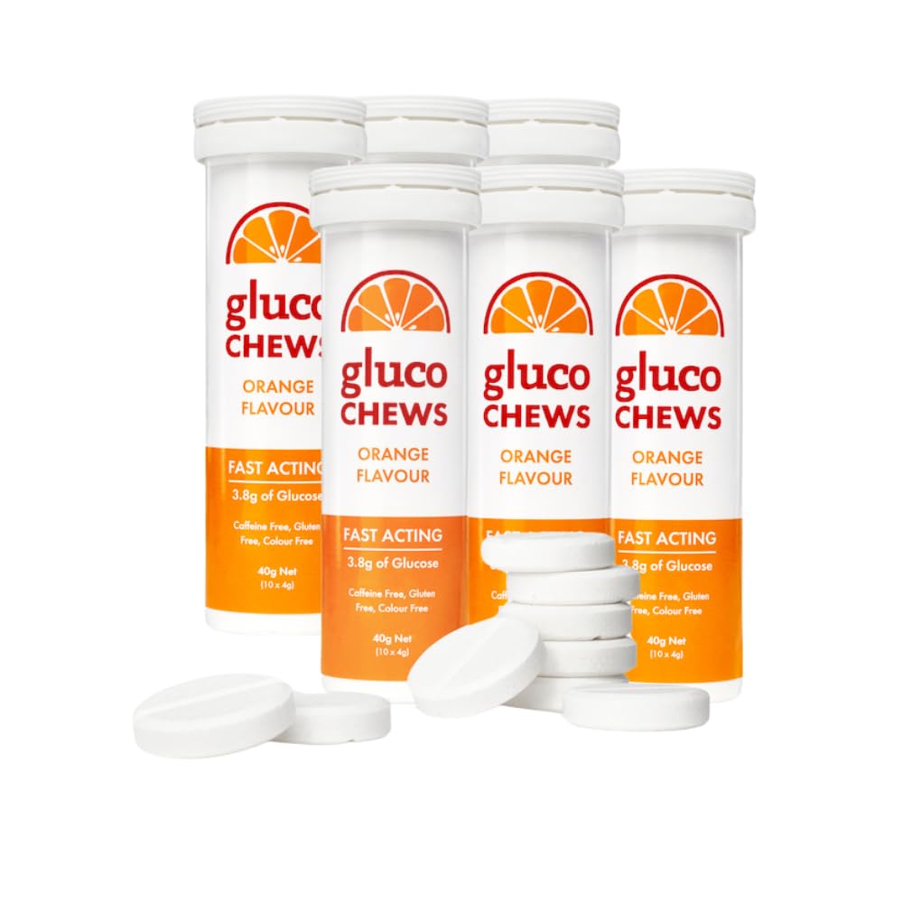 Glucochews 오렌지 포도당 정제 – 60의 정제 (10 관 당, 6개의 소형 주문을 받아서 만들어진 관) – 3.8g 빠른 행동 포도당 각각 – Boosts 에너지 & 혈액 설탕 – 글루텐 자유로운, 뚱뚱한 자유로운, 카페인 자유로운
