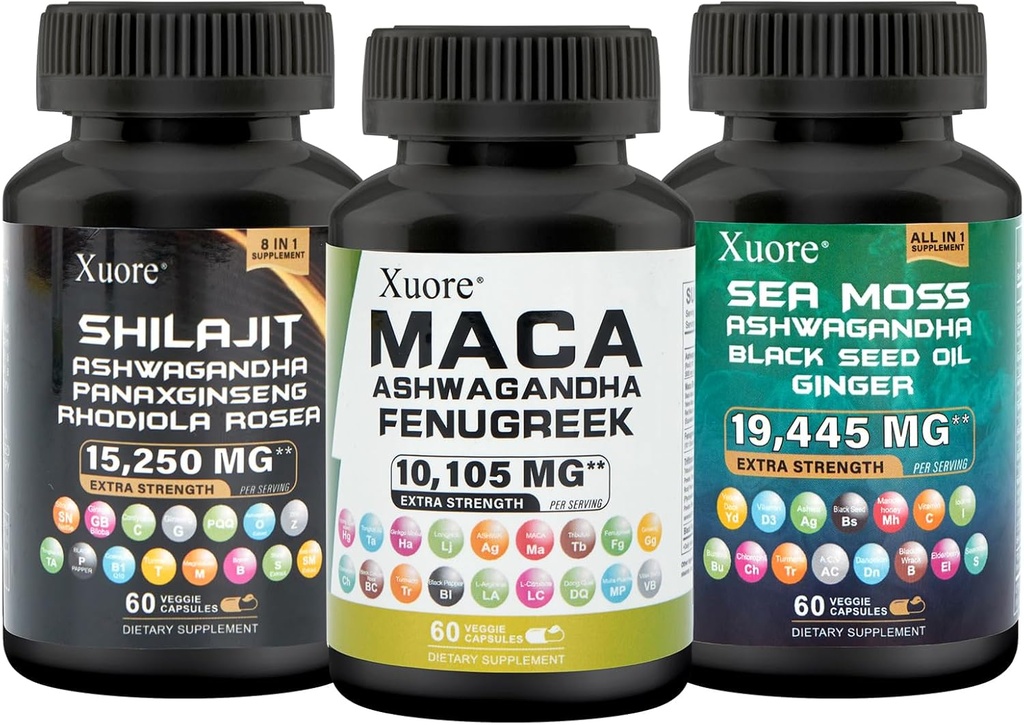 바다 Moss, Shilajit, Maca, 블랙 씨 오일, Ashwagandha, Ginger, Shilajit, Rhodiola Rosea, Panax Ginseng, Maca 뿌리, Fenugreek, Trifibranol100X의 모든 보충제 (1 팩)