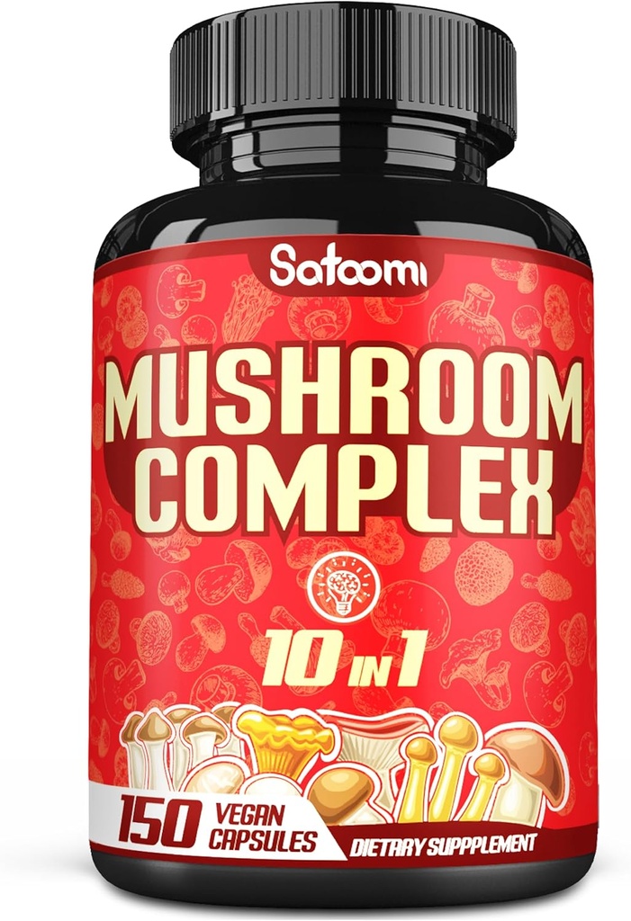 Satoomi 10in1 버섯 Complex 보충제 - 5 개월 공급 - 사자 Mane, Cordyceps, Reishi, Chaga, Maitake, Shitake 및 기타와 혼합 - 150 캡슐 지원