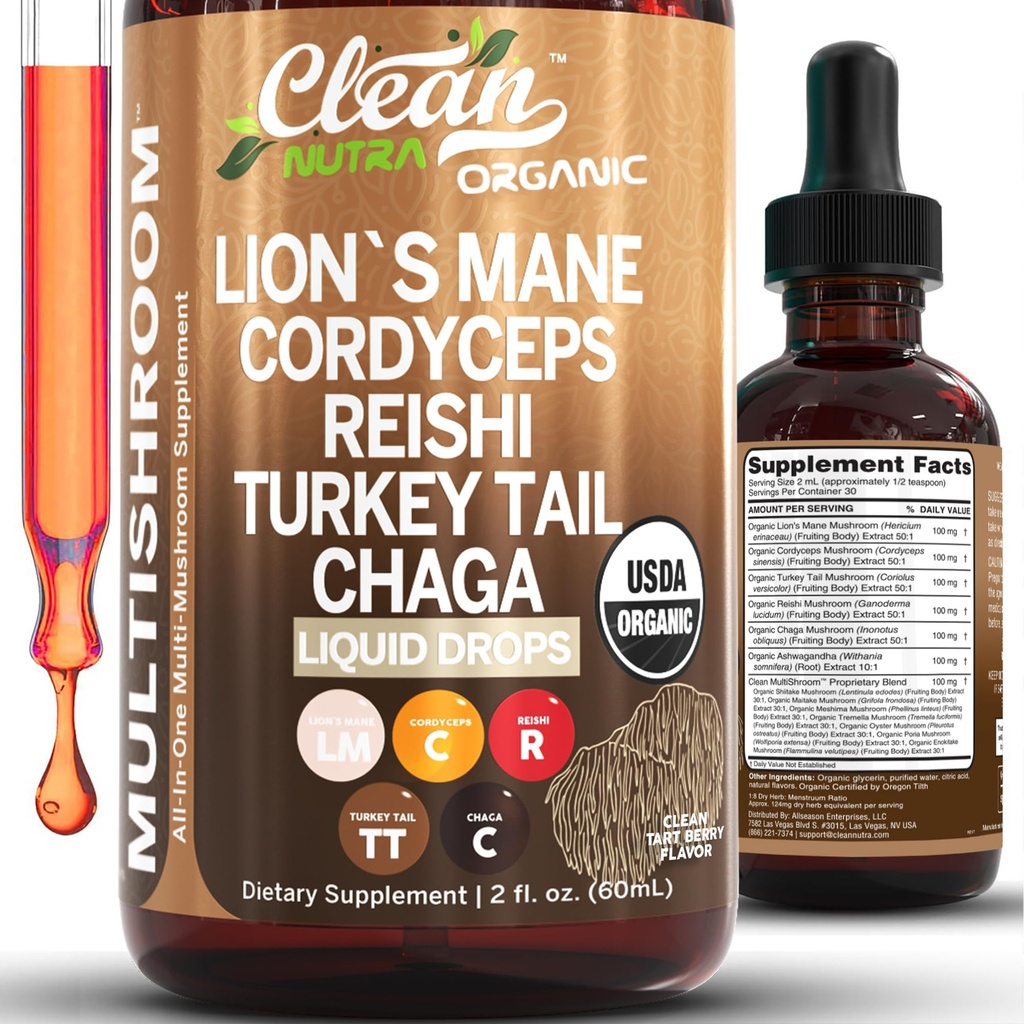 유기 사자 Mane 버섯 보충 액체 드롭 + 터키 꼬리 Cordyceps Reishi Chaga Shitake Maitake Tremella Oyster Mushrooms Poria 및 Enokitake Complex Blend by Clean Nutra
