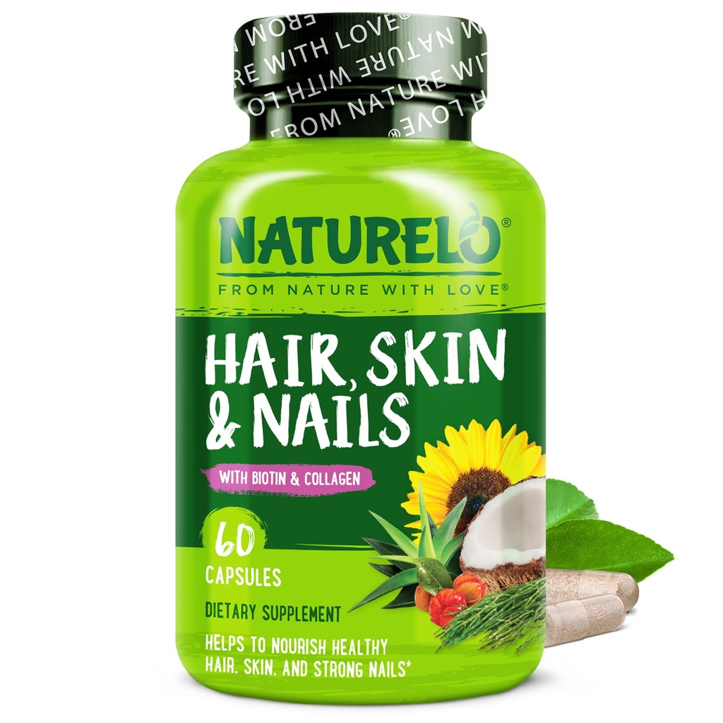 NATURELO 머리, 피부 및 못 Multivitamin - 5000 mcg Biotin, 교원질, 자연적인 비타민 E - 건강한 피부를 위한 보충교재, 여자와 남자 60 캡슐을 위한 머리 성장