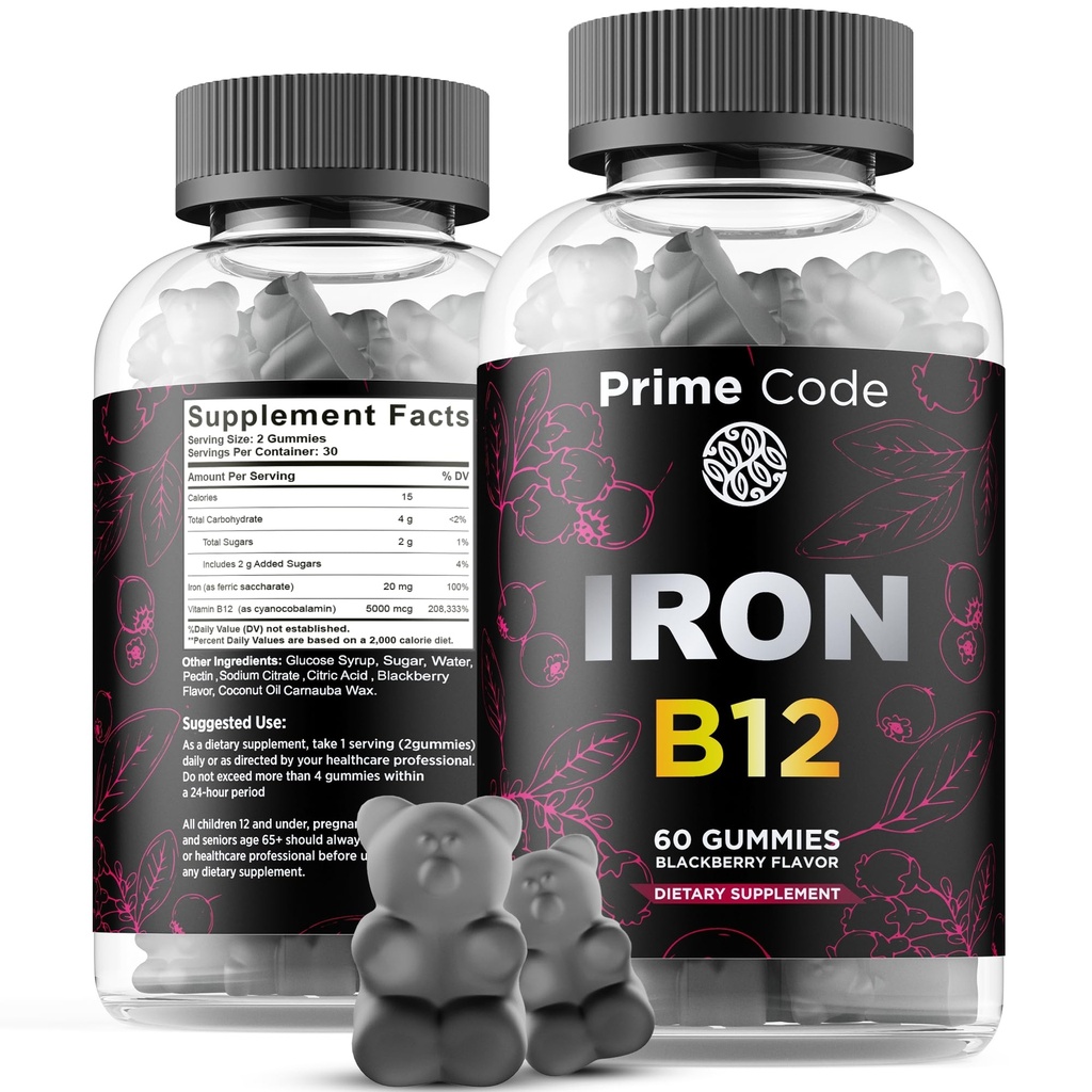 여성 & 남자를 위한 비타민 B12 Gummies, 성인을 위한 20mg 철 보충교재, 안혈증, 철 & 자연적인 블랙베리 풍미를 가진 비타민 B12 Gummies, 비 GMO, 30 일 공급