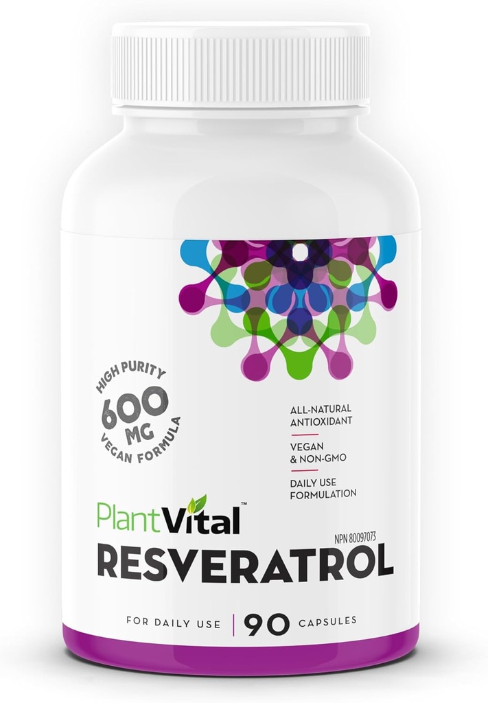 Plantvital Resveratrol 600mg - 90 Vegan Resveratrol 캡슐 - 높은 순수성 Trans Resveratrol 보충교재 - 산화 방지제 - 비 GMO, 글루텐 자유로운