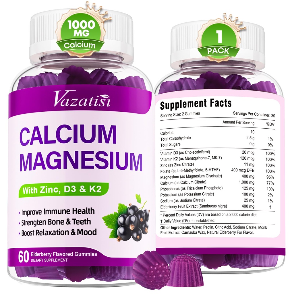 비타민 D3와 K2를 가진 칼슘 마그네슘 아연 Gummies, Immune와 근육을 위한 높은 흡수 마그네슘 Glycinate 칼륨, Vegan Elderberry 풍미 60 Gummies