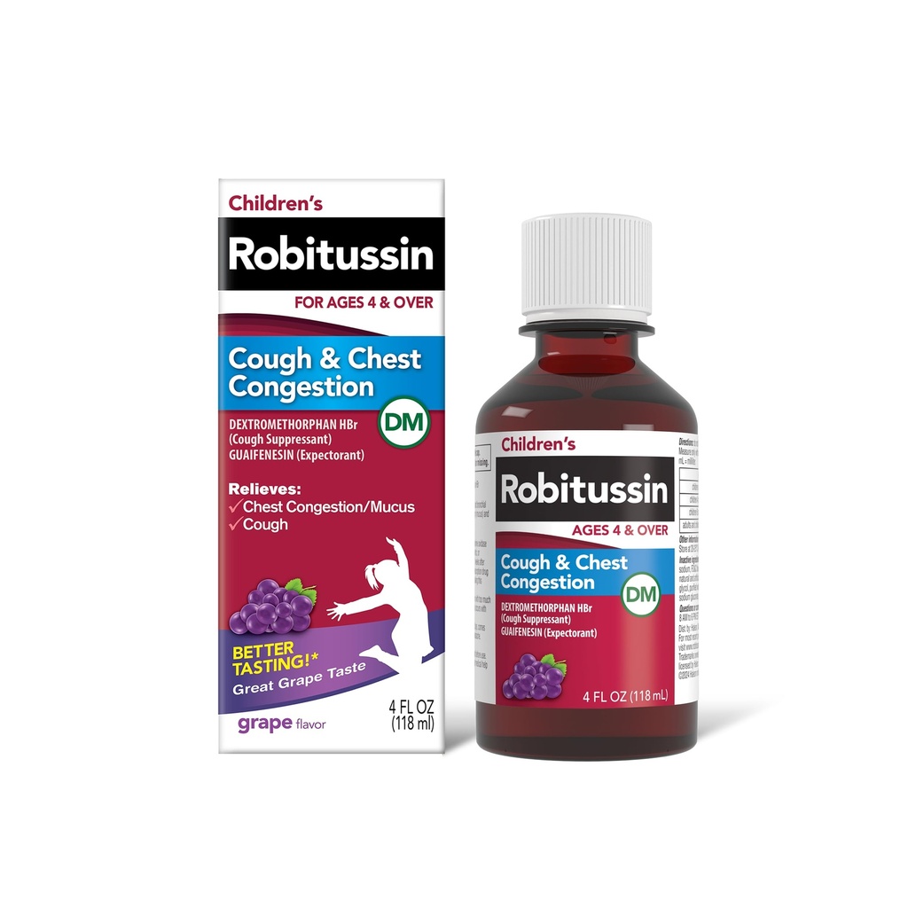 Robitussin 아이들의 기침과 가슴 혼잡 DM, 아이를 위한 기침 약, 포도 풍미 - 4 Fl Oz 병, 300318715130