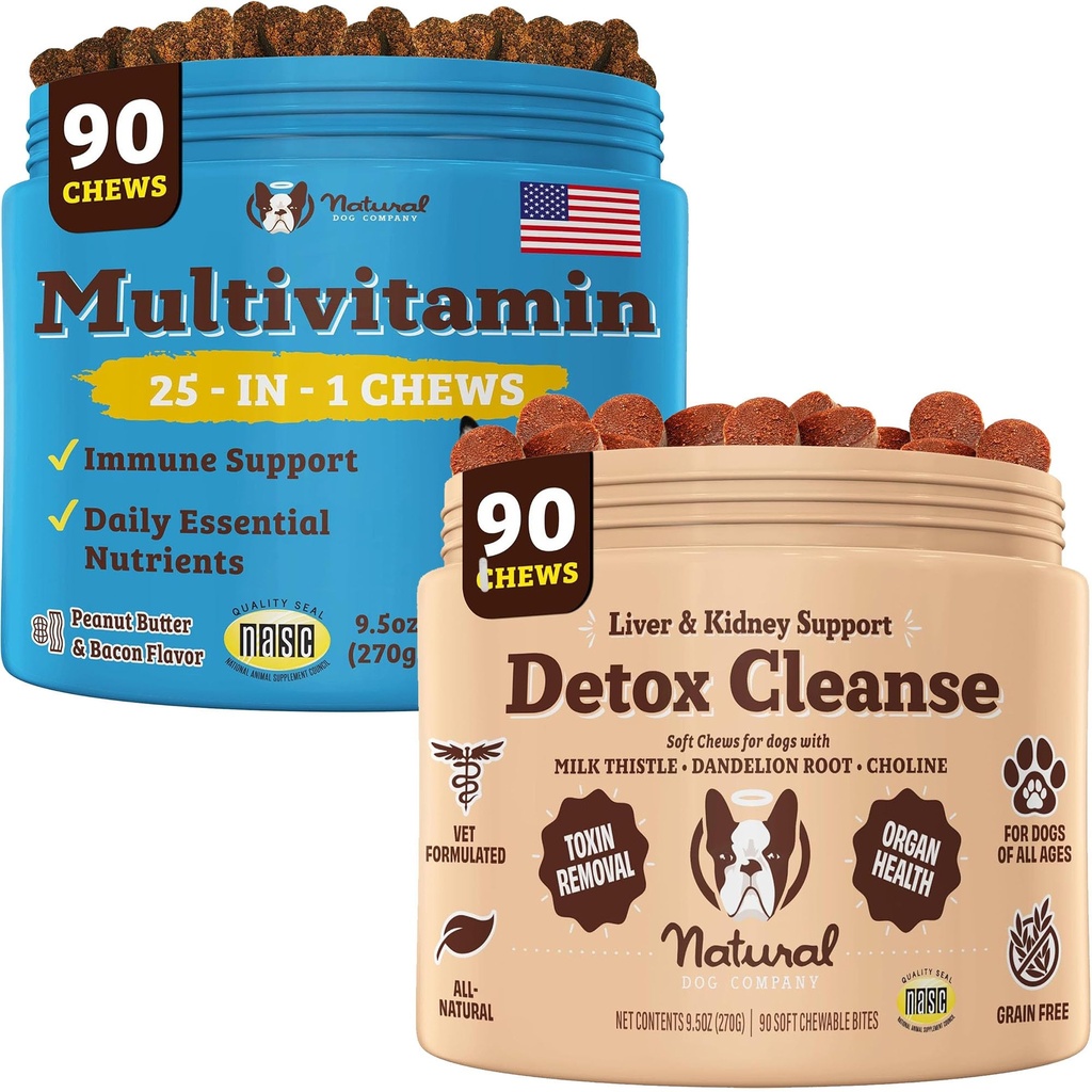 Natural Dog Company Multivitamin & Liver & Kidney Chews Bundle - 수석 개를위한 종합 건강 지원, 해독 촉진, 향상된 Digestion, Radiant Skin & Coat, 쉽게 Administer