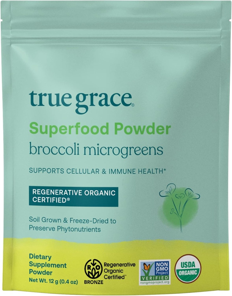 True Grace Broccoli Microgreens - 0.4 oz - 셀룰러 및 면역 건강을위한 일일 슈퍼 푸드 분말 - 글루텐 & Soy Free, Vegan, 재생 유기 인증 - 30 서빙