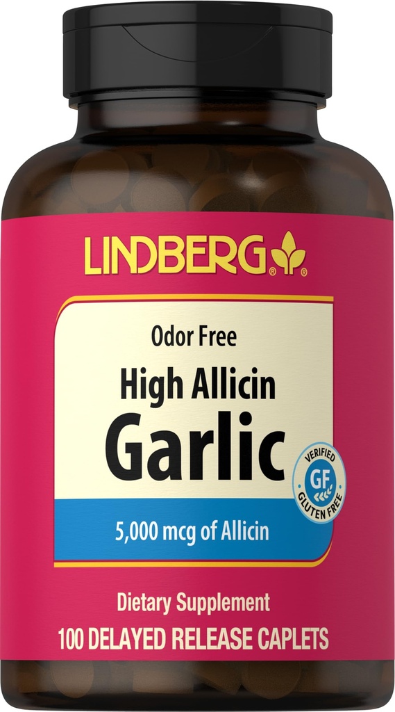 Lindberg 마늘 보충교재 알약 | 500mg | 100개의 모자 | 높은 Allicin (5000mcg)를 가진 무취 | Allium Sativum 추출물 | Non-GMO, 글루텐 무료