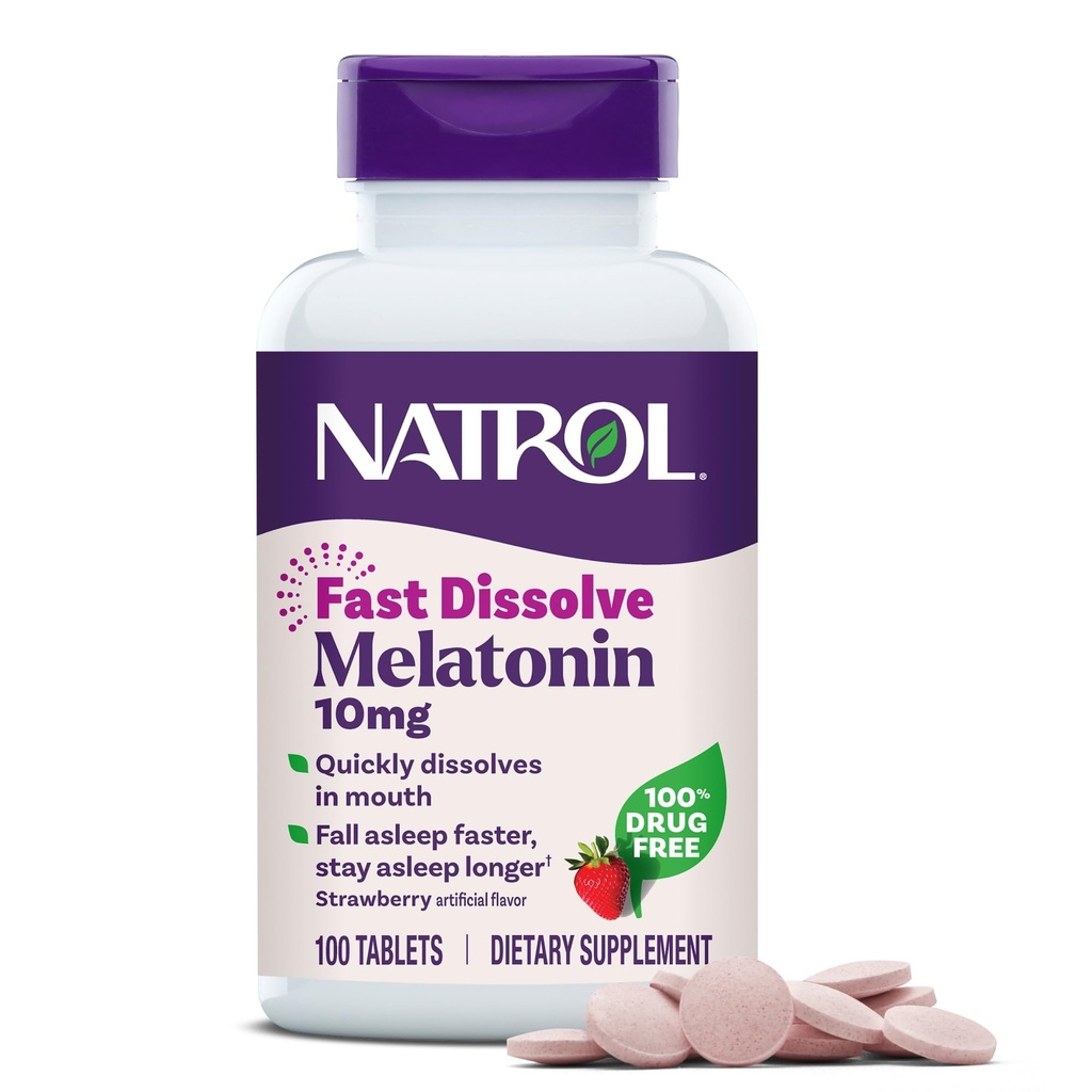 Natrol Melatonin 10mg 빠른 용해 정제 - 딸기 풍미, 100 조사, 수면 지원, 성인을위한 빠른 용해 Melatonin, 100 일 공급