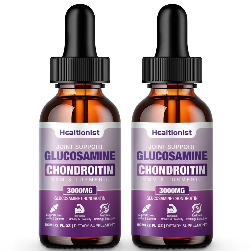 2 팩 Glucosamine Chondroitin MSM 액체 하락, 성인 남자 & 여자를 위한 여분 힘 합동 지원 보충교재, Quercetin Boswelia, Bromelain, 산화 방지제 면역성이 있는 지원 (4개 Fl oz)