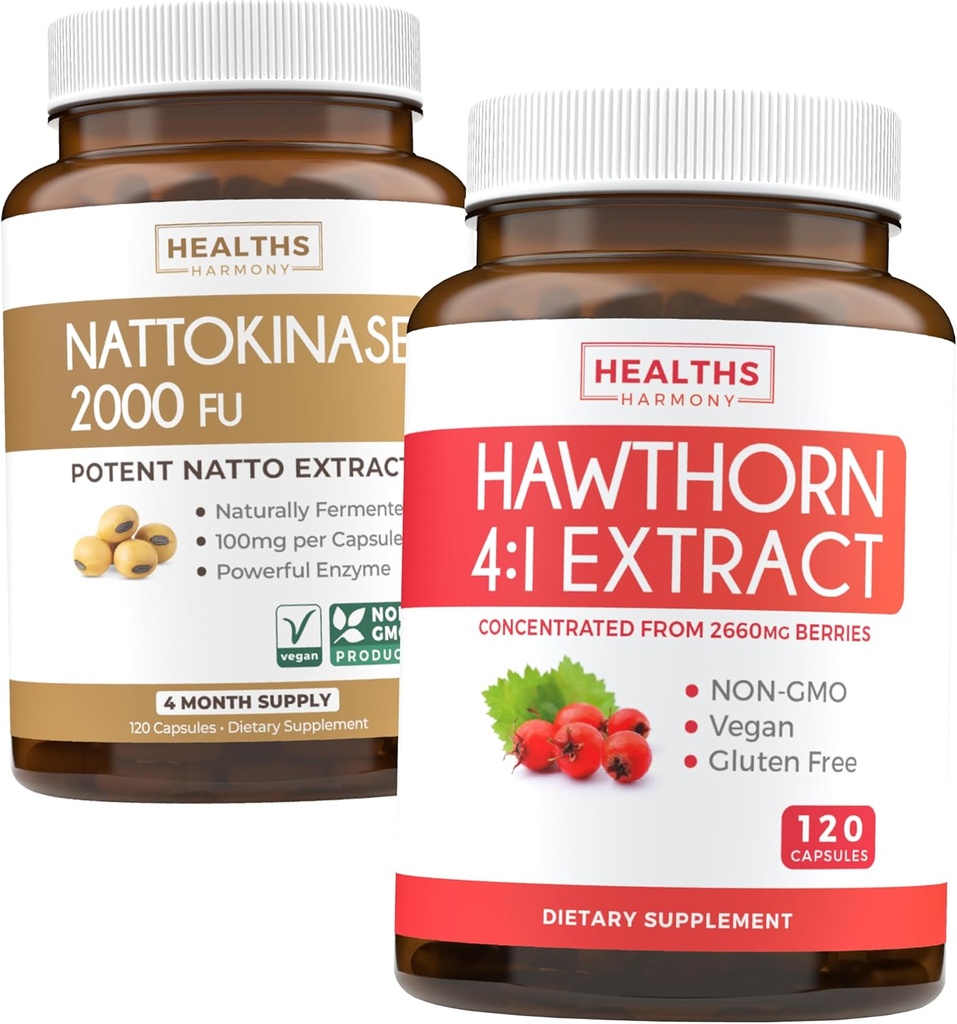 Nattokinase & Hawthorn (4 월 공급) Nattokinase Berry Harmony - Nattokinase 2000 FU 강력한 천연 발효 콩 (4 월 공급) & Hawthorn Berry 4 : 1 추출물 - Vegan 및 Non-GMO