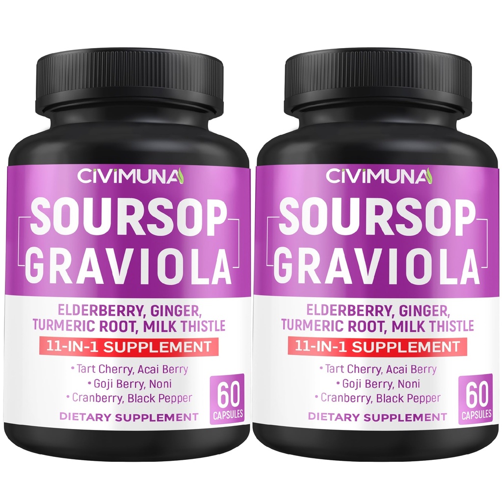 Elderberry, Turmeric Curcumin 및 More와 Soursop Graviola 캡슐 - 4 개월 공급을위한 120 캡슐 (팩 2)