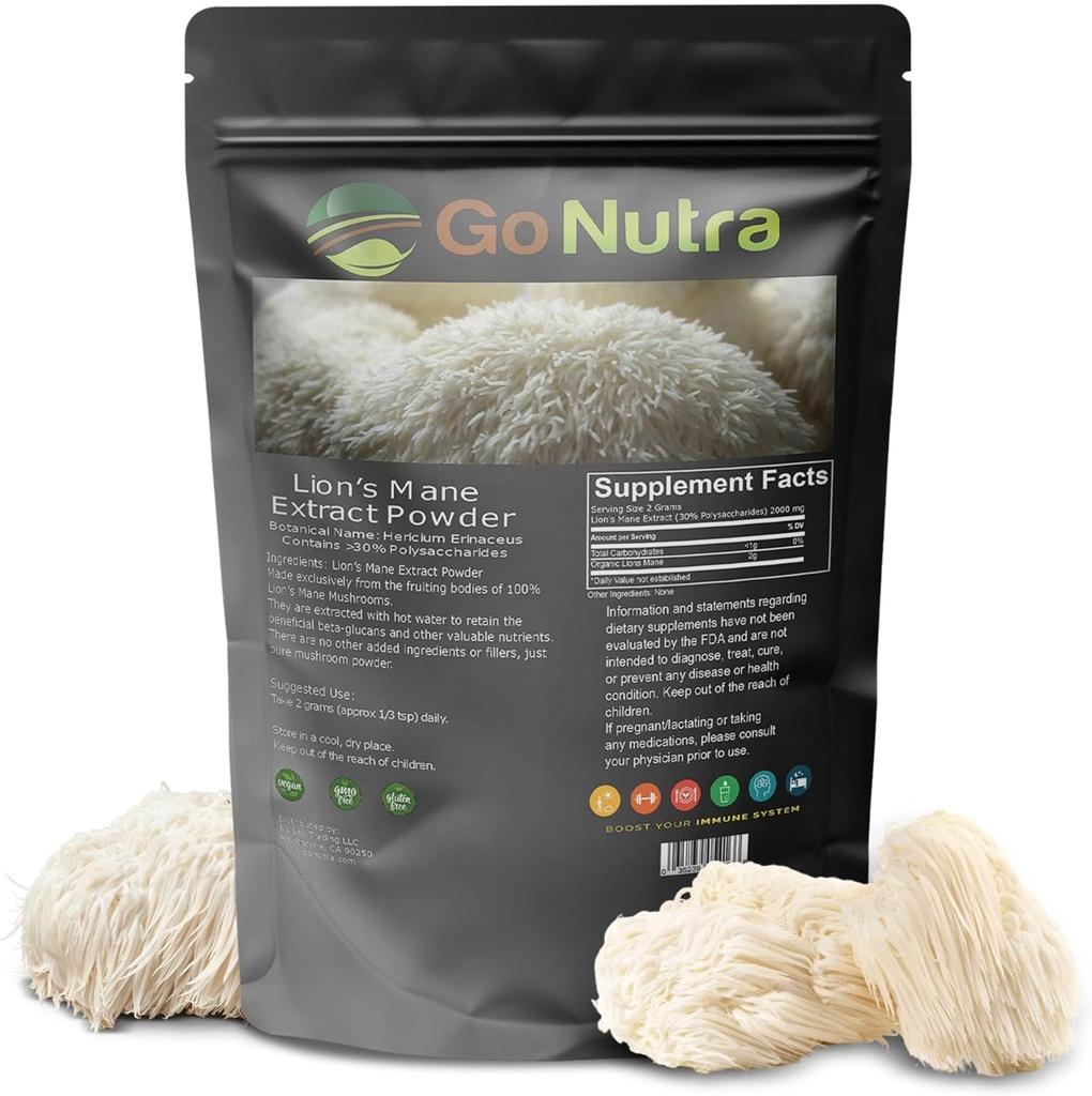 Go Nutra - 사자 Mane Powder, Potent 10 : 1 사자 Mane 버섯 파우더 30 % 다당류, 순수 사자 Mane Extract for Tea, Juice, Water 및 More, Non-GMO, Vegan, 4 oz
