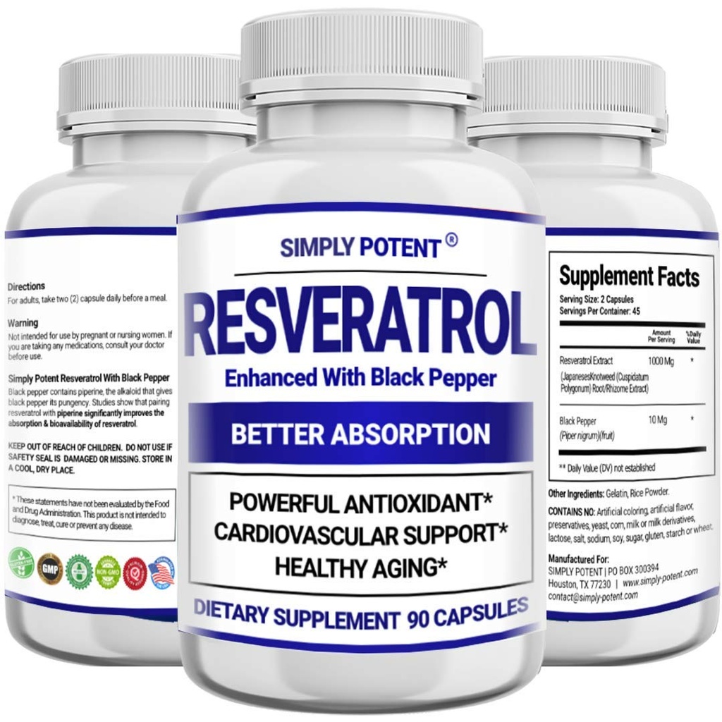 Resveratrol 1000mg 보충교재, trans Resveratrol 500mg의 Resveratrol는 최대 흡수를 위한 까만 고추로, 심장, 면역성 & 피부 건강을 위한 강력한 산화 방지제 & 노화 방지 알약, 90의 캡슐 강화했습니다