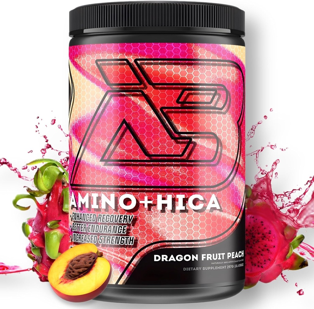Amino + HICA EAA 보충교재 | 향상된 복구, 더 나은 내구시간, 증가된 힘, 에너지, 히드라이즈 | Bcaa, Electrolytes, Leucine, 분말, 30 서빙 (Dragon Fruit Peach)