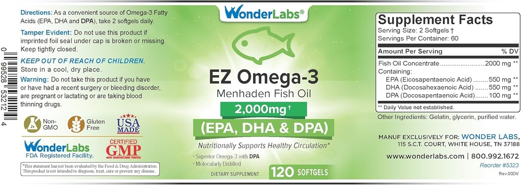 EZ Omega-3 Atlantic Menhaden 물고기 기름 보충교재 2000 mg, Burpless, 미국에서 만드는, EPA+의 완벽한 균형 DHA + DPA 120 소프트젤