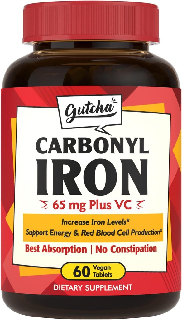 철 보충교재, 65 mg Carbonyl 철 플러스 비타민 C의 여성 & 남자를 위한 에너지 & 혈액 지원, 더 나은 흡수, Stomach에 Gentle, Nausea 없음, 변비 없음, Vegan, 비 GMO, 60 Ct