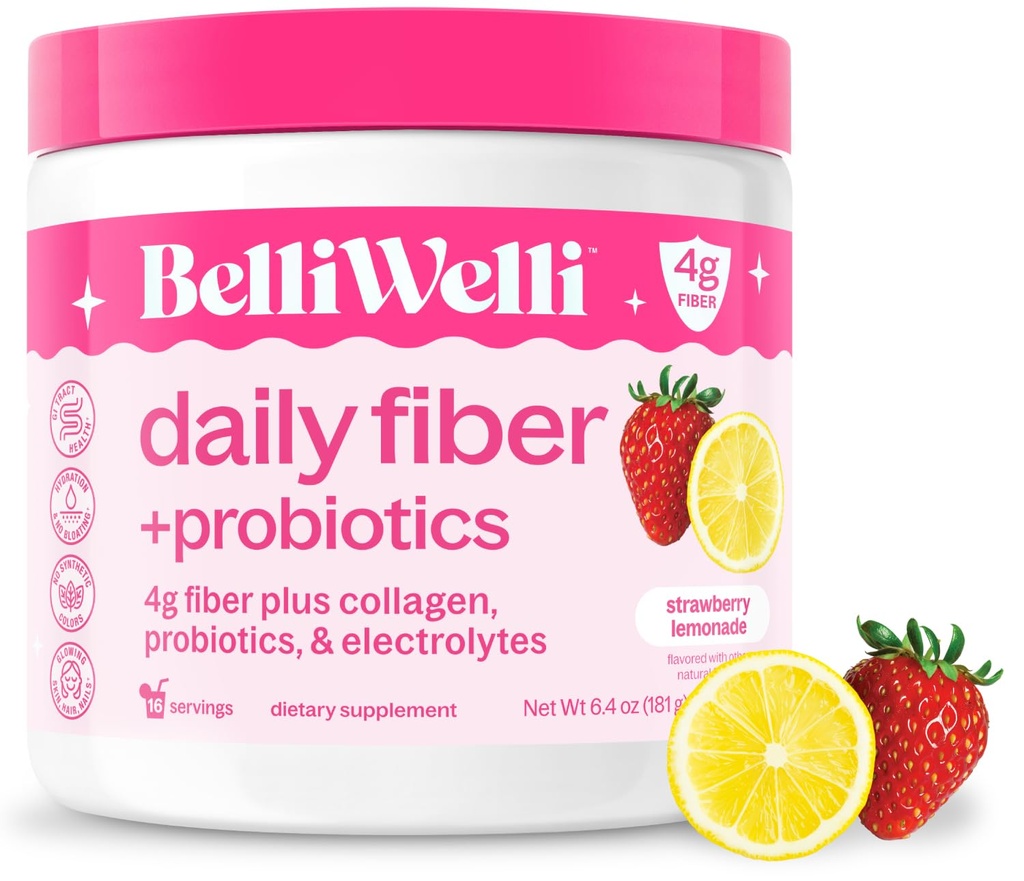 Belli Welli Fiber Supplement for Women&Men, 추가된 교원질, Electrolytes&Probiotics, No Bloat, Constipation&Gut 건강 지원 (Strawberry Lemonade)를 가진 유기 Acacia에서 우수한 매일 섬유 분말