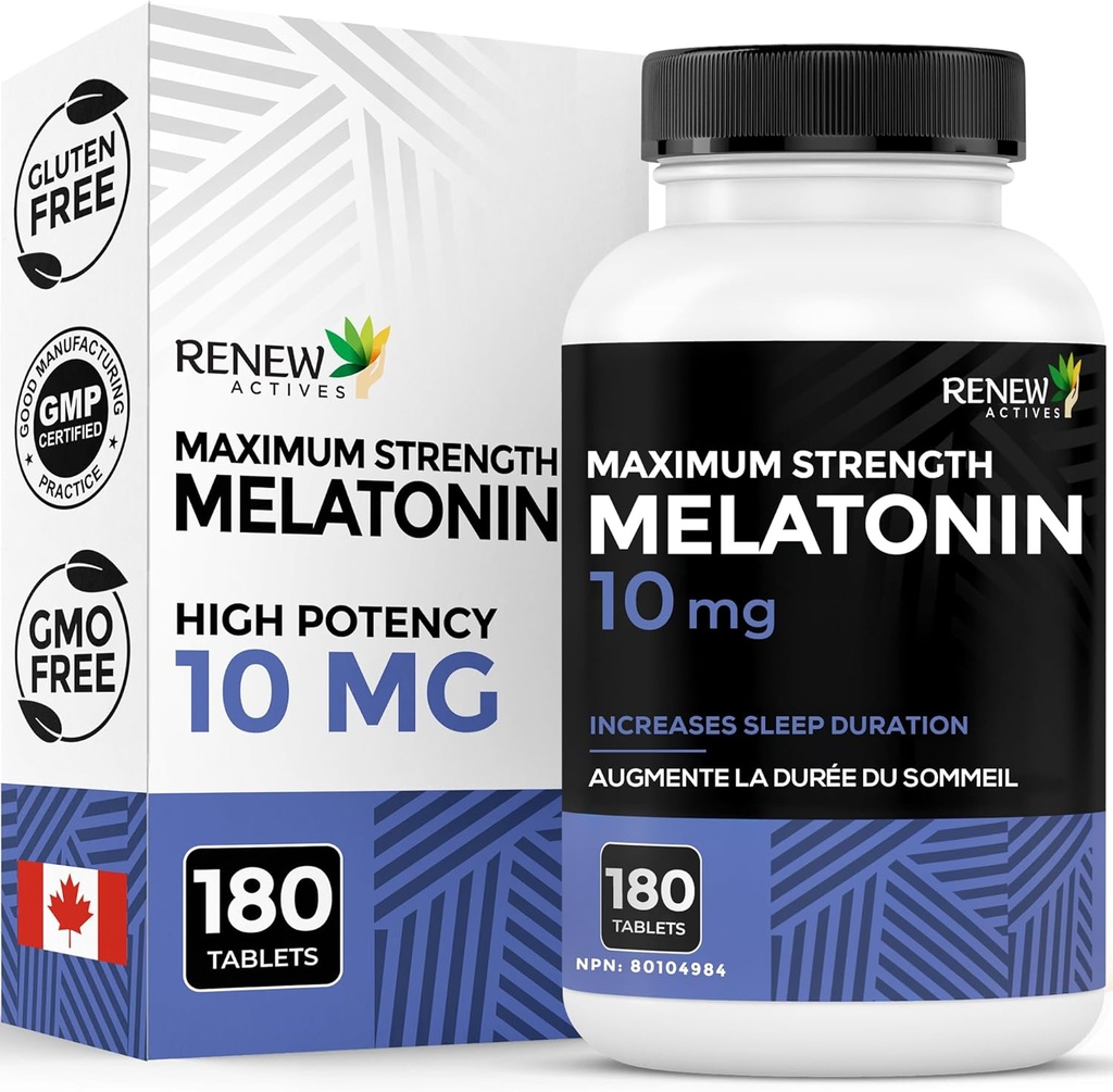 Renew Actives Melatonin 10mg per 서빙 - Sleep Management, Jet Lag 및 수면주기를 재설정하기위한 Deeper, Longer & Ideal을 촉진 - 캐나다 - 180 정제