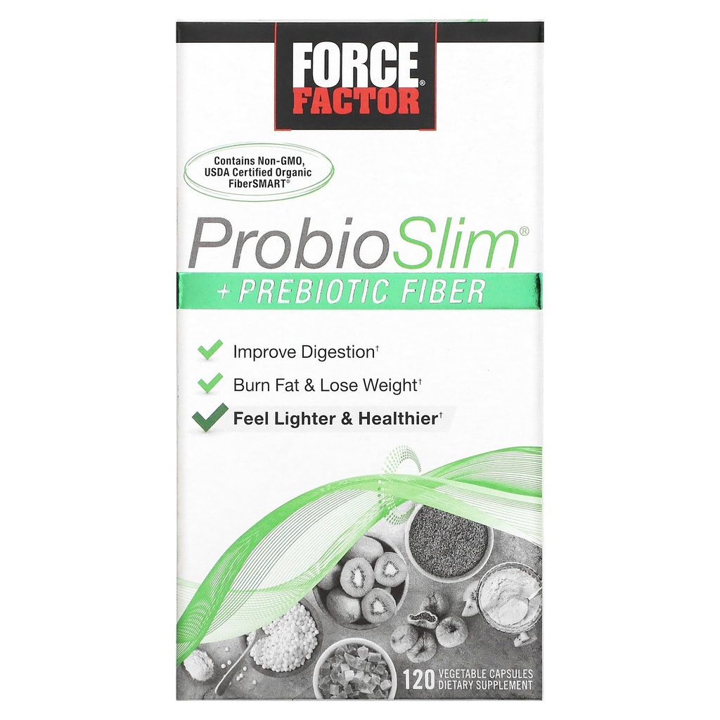Force Factor ProbioSlim + Prebiotic 섬유 체중 감량 여성과 남성, Probiotic 및 Prebiotic Digestive 건강 지원 Green Tea Extract 및 Psyllium Husk Fiber, 120 캡슐