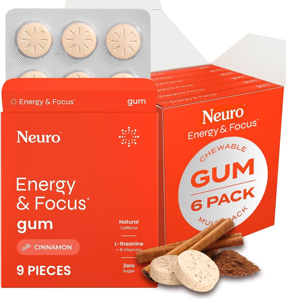 NeuroGum Energy & Focus Gum (54 Count-6 Pack, Cinnamon) | 40mg 천연 Caffeine + L-Theanine + 비타민 B12 & B6 + Xylitol | 설탕 무료 Nootropic Cognitive 두뇌 성능 보충