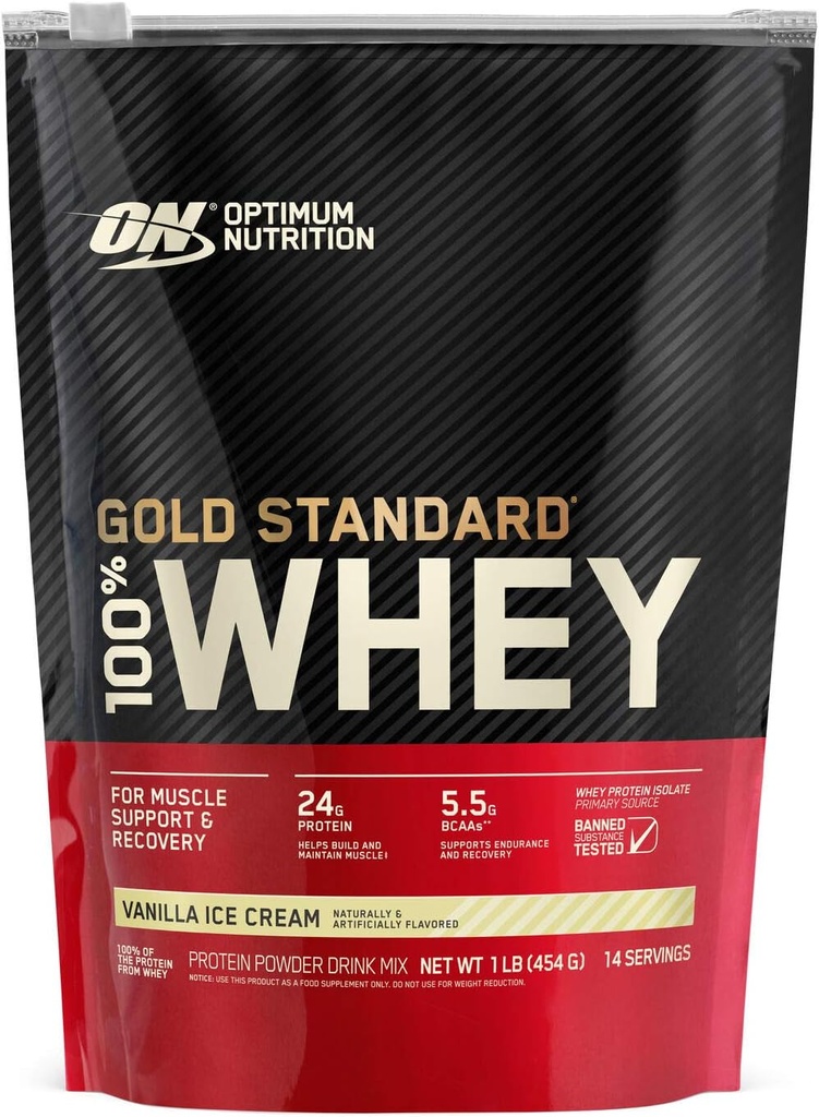 최적 영양 골드 표준 100 % Whey Protein Powder, 바닐라 아이스크림, 1 파운드 (패키지 May Vary)