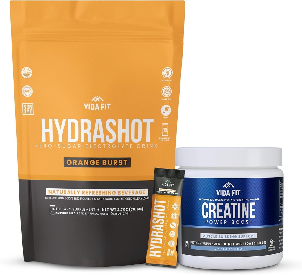 Hydration & Performance Bundle : 150g Micronized Creatine Monohydrate & Hydrashot Orange Electrolyte Hydration Powder (15 서빙) - Sugar-Free, Vegan 및 Endurance & Recovery에 완벽한