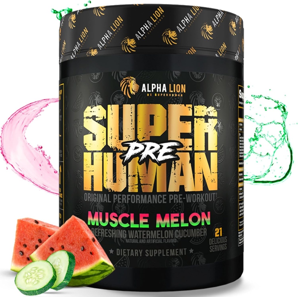 ALPHA LION Superhuman Pre Workout Powder, Beta Alanine, L-Taurine & Tri-Source Caffeine for Sustained Energy & Focus, Nitric Oxide & Citrulline for Pump (21 서빙, 근육 멜론)