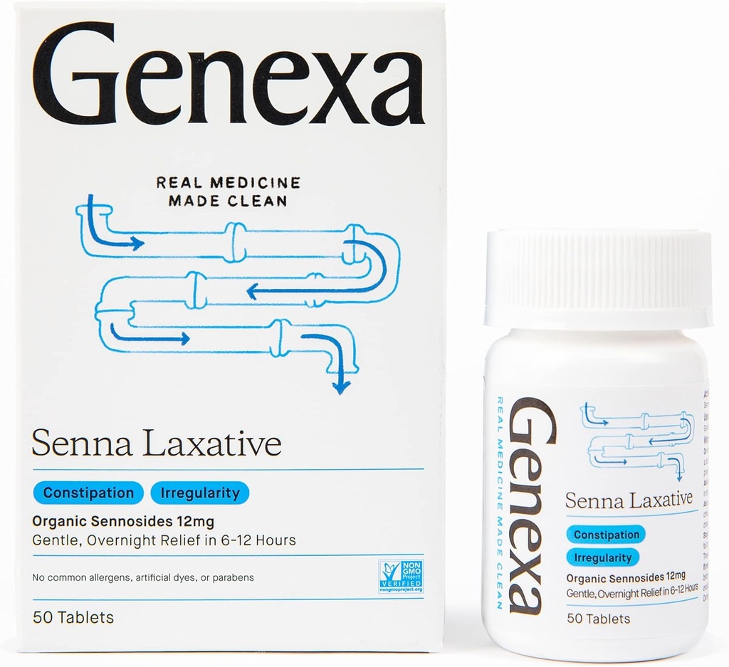 Genexa Senna Laxative Tablet | 불규칙성 및 변비 완화 | 효과적인 젠틀, Overnight Laxative | Talc 무료 | 유기농 및 비 GMO | 50 정제