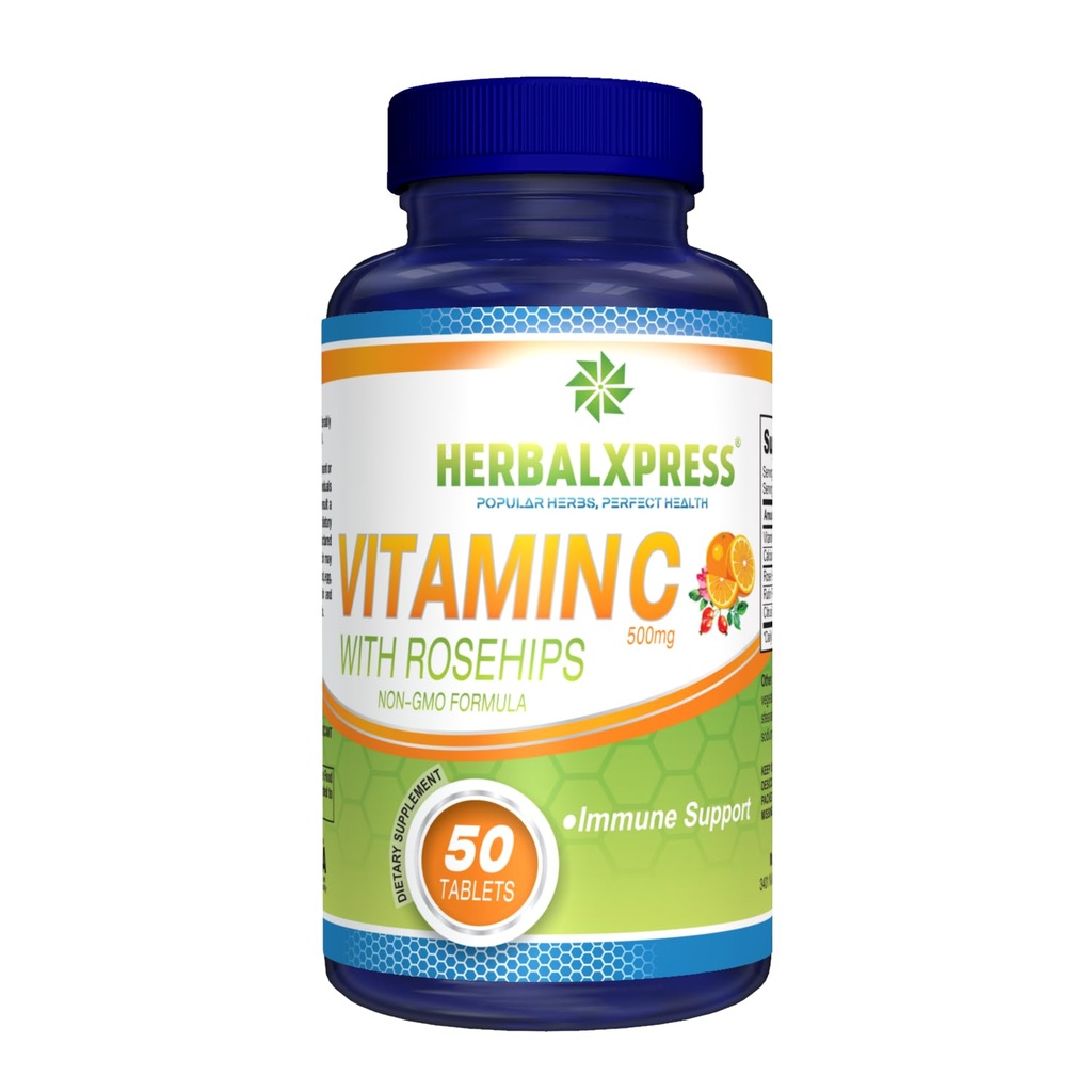 Rose HIPS, Ascorbic Acid & Citrus Bioflavonoids 50 Tablets (1 Tub)를 가진 Herbalxpress 비타민 C 500mg - 강력한 듀오 : - 면역 체계를 밀어주는 보완 접근.