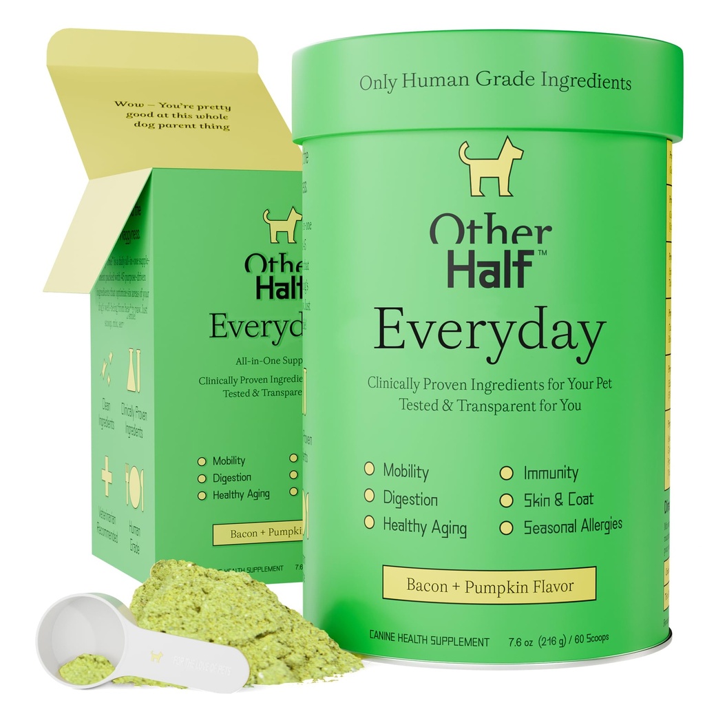 Other Half Everyday - Dog Multivitamin 보충교재 - 매일 합동, Gut, Allergy, Immune, Urinary Tract 지원, 피부, 외투 & 더 많은 - 글루코사민, Chondroitin, Omega 3 & Probiotics | 45 활성 성분