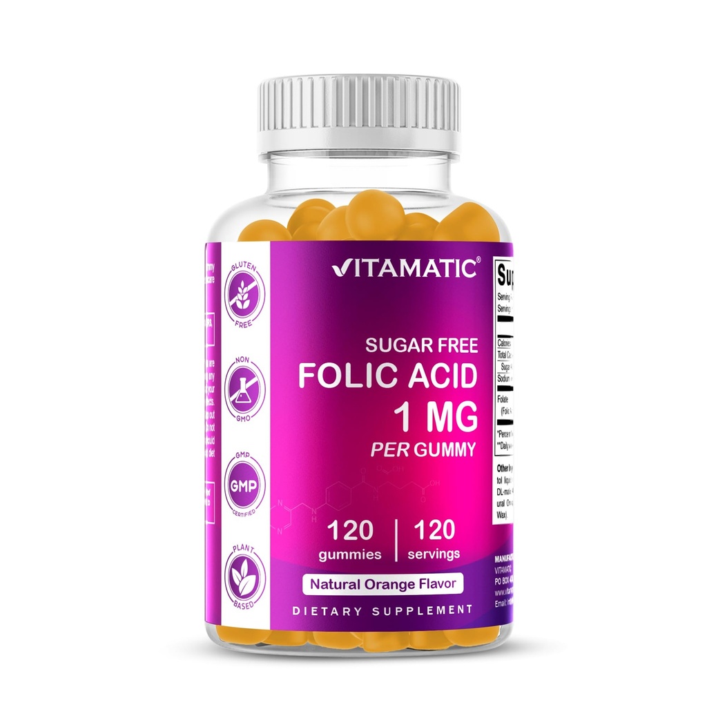 Vitamatic Folic 산 Gummies 1000 mcg (1 mg) - 엄마 & 아기를위한 필수 Prenatal 비타민 - 비타민 B9-120 Vegan Gummies (1)