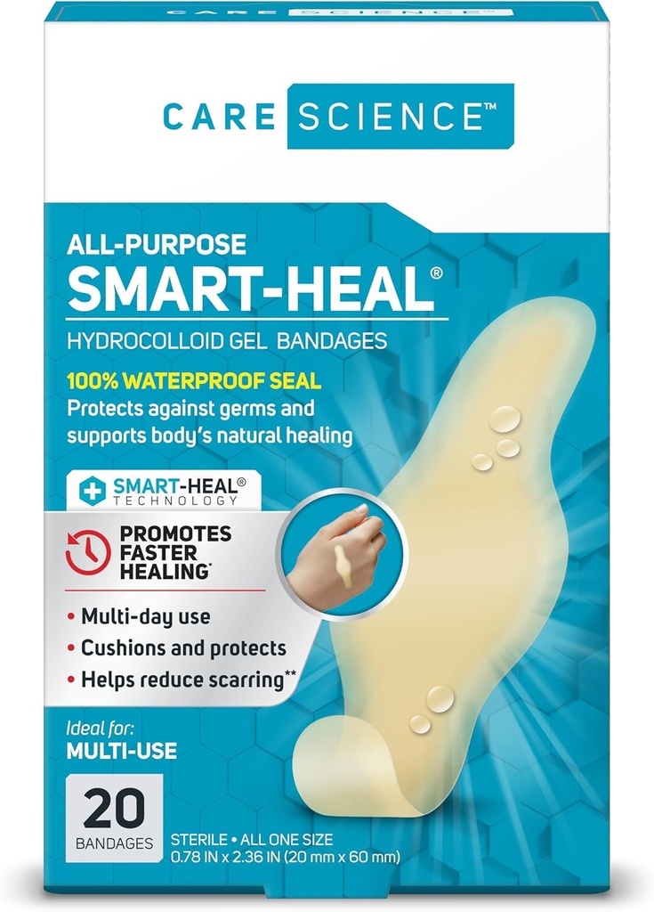 Care Science Smart Heal All-Purpose Hydrocolloid Gel Bandages, 20 ct | 100 % 방수 씰, 상처, 부상 치료 또는 물집을위한 감소