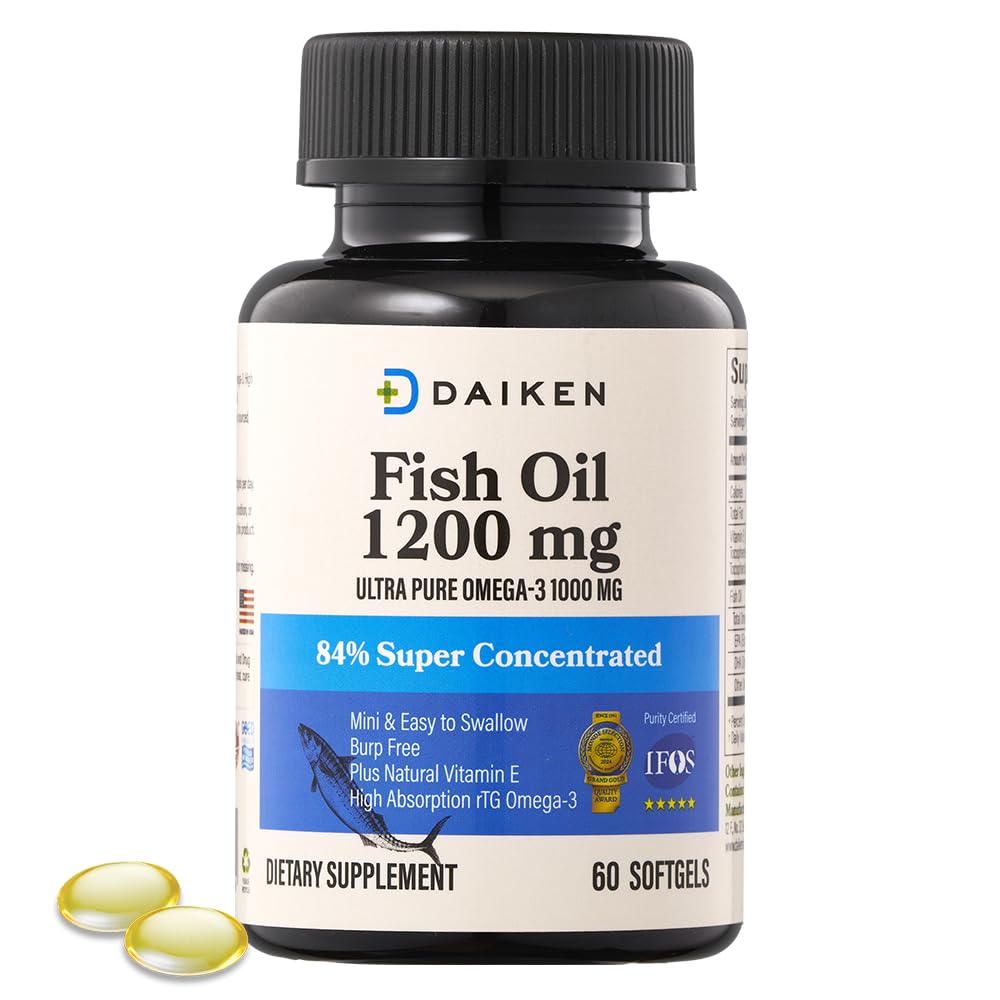 DAIKEN 소형 물고기 기름 1200 mg, rTG Omega 3 1000mg, 60 Softgels, 건강한 심장, 뇌 및 건조한 눈 지원을 위한 높은 흡수 & Burpless 물고기 기름