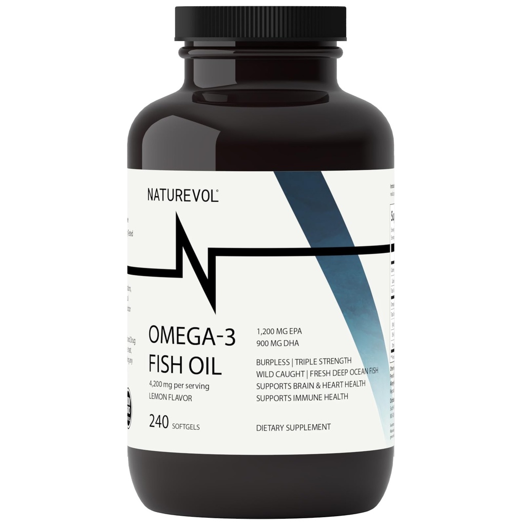 Triple Strength Omega 3 Fish Oil 4200mg - Burpless | 오메가 3 지방산 2200mg 이상 | 1200mg EPA + 900mg DHA | 최상의 필수 지방산 | 야생 잡초 / 깊은 바다 물고기, 레몬 맛 - 240 Softgels