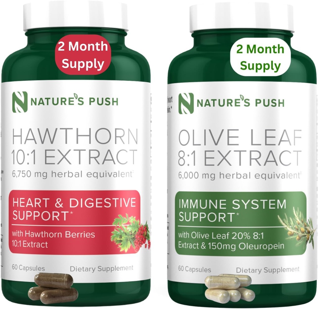 Nature 's Push Hawthorn Berry and Olive Leaf Bundle of Super Potent 10 : 1 Hawthorn Berry Extract (2 개월 공급) 및 올리브 리프 슈퍼 포텐 8 : 1 추출물 20 % Oleuropein 750mg 캡슐 (2 개월 공급)