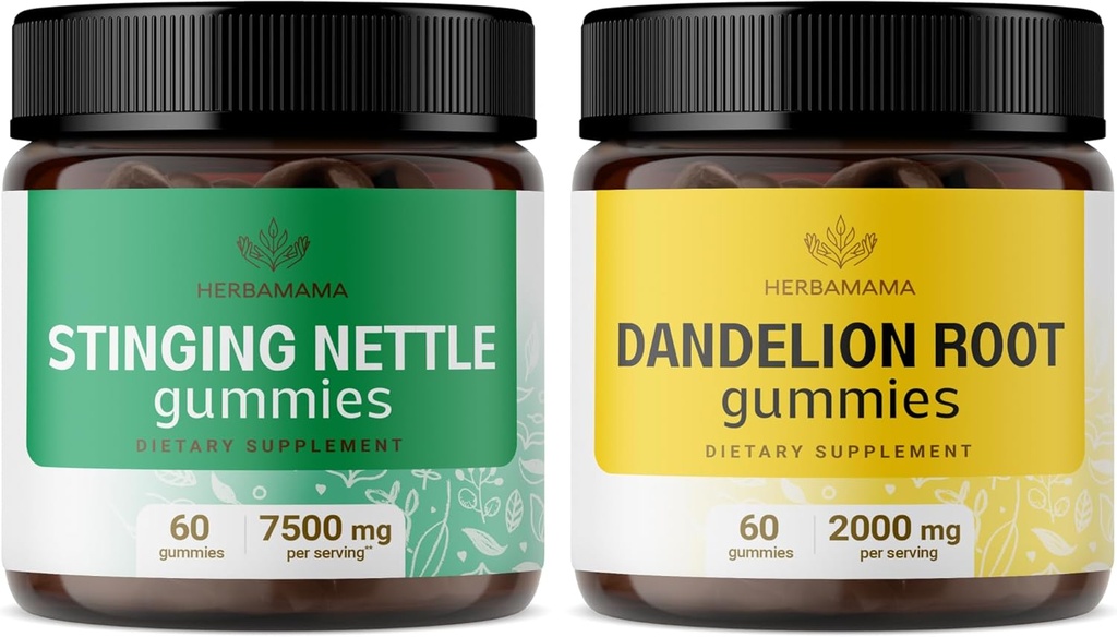 HERBAMAMA 스팅 Nettle 및 Dandelion 키트 - 7500 mg Sting Nettle Root & 2000 mg Dandelion Root Gummies의 번들 - Vegan, Non-GMO, Gelatin-Free - 2 팩