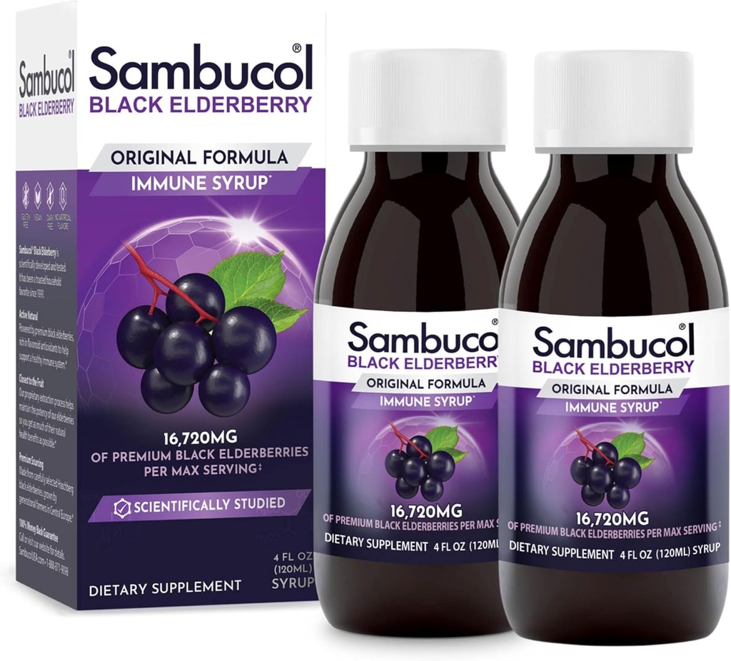 Sambucol 검정 Elderberry Syrup - Sambucus Elderberry Syrup, 까만 Elderberry 액체, 아이와 성인, 높은 산화 방지제, 글루텐 자유로운을 위한 면역성이 있는 지원 - 본래 공식, 4 Fl Oz, 2 팩