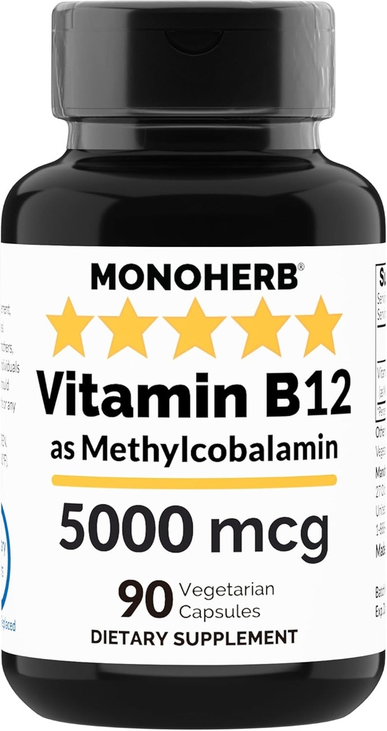 MONOHERB 비타민 B12 Methylcobalamin 5000 mcg - 90 채식 캡슐 - B12 메틸