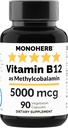 MONOHERB 비타민 B12 Methylcobalamin 5000 mcg - 90 채식 캡슐 - B12 메틸